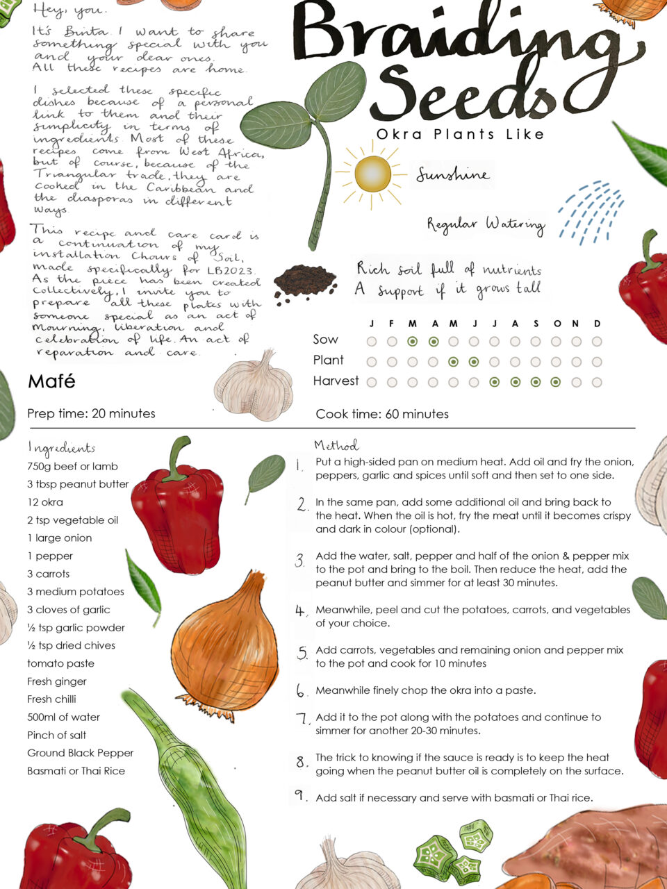 An illustrated recipe card. On it is a recipe and illustrations of food surrounding it.