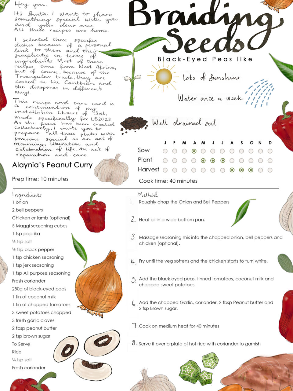 An illustrated recipe card. On it is a recipe and illustrations of food surrounding it.