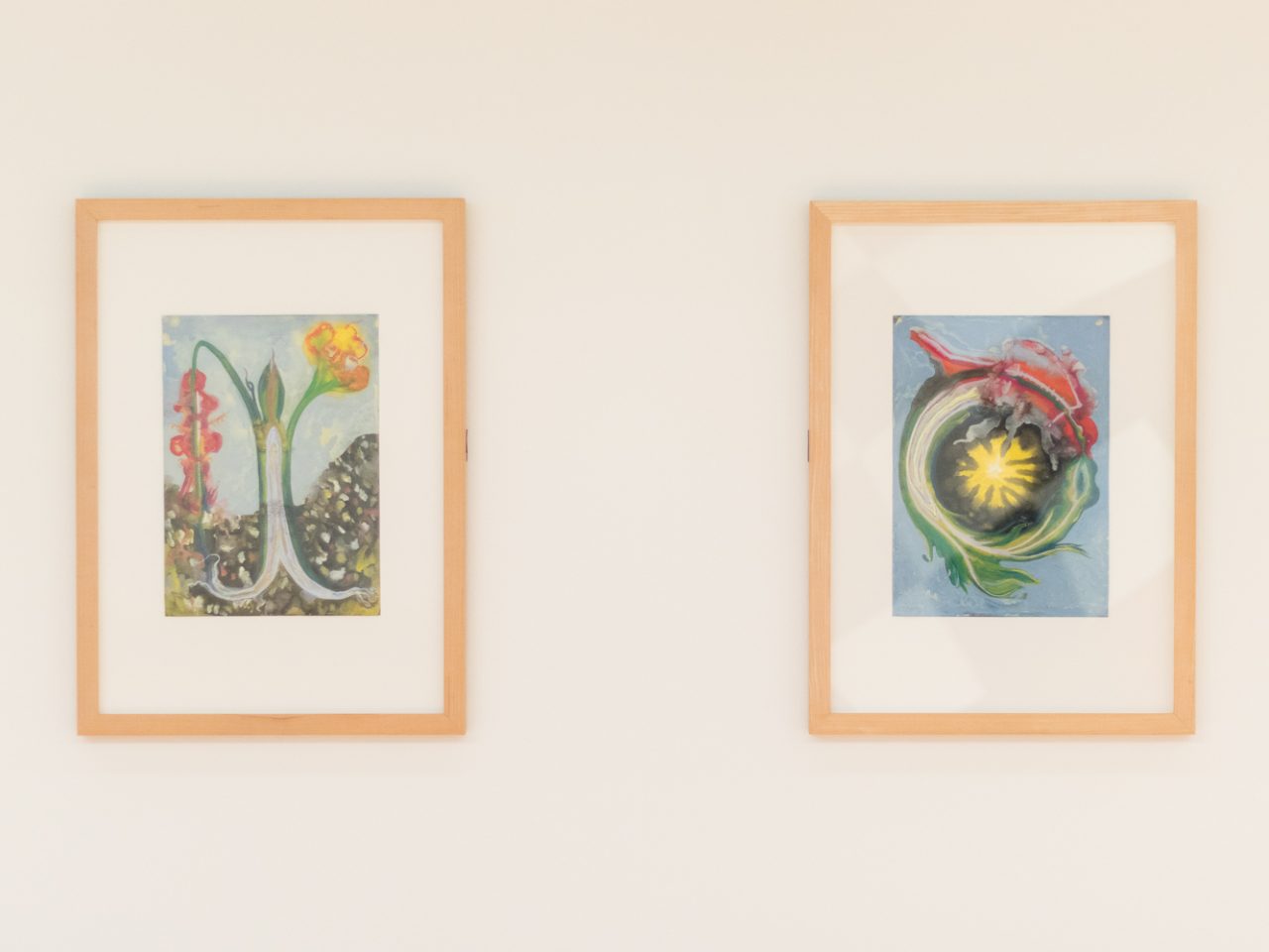 Two paintings both colourful with earthly elements of flowers, soil and sun, representing the process of growing.
