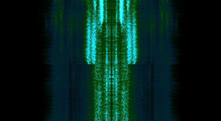 A screenshot of a sound piece accompanied by a video. The video has a black background with a slow-moving green graphic in the centre.