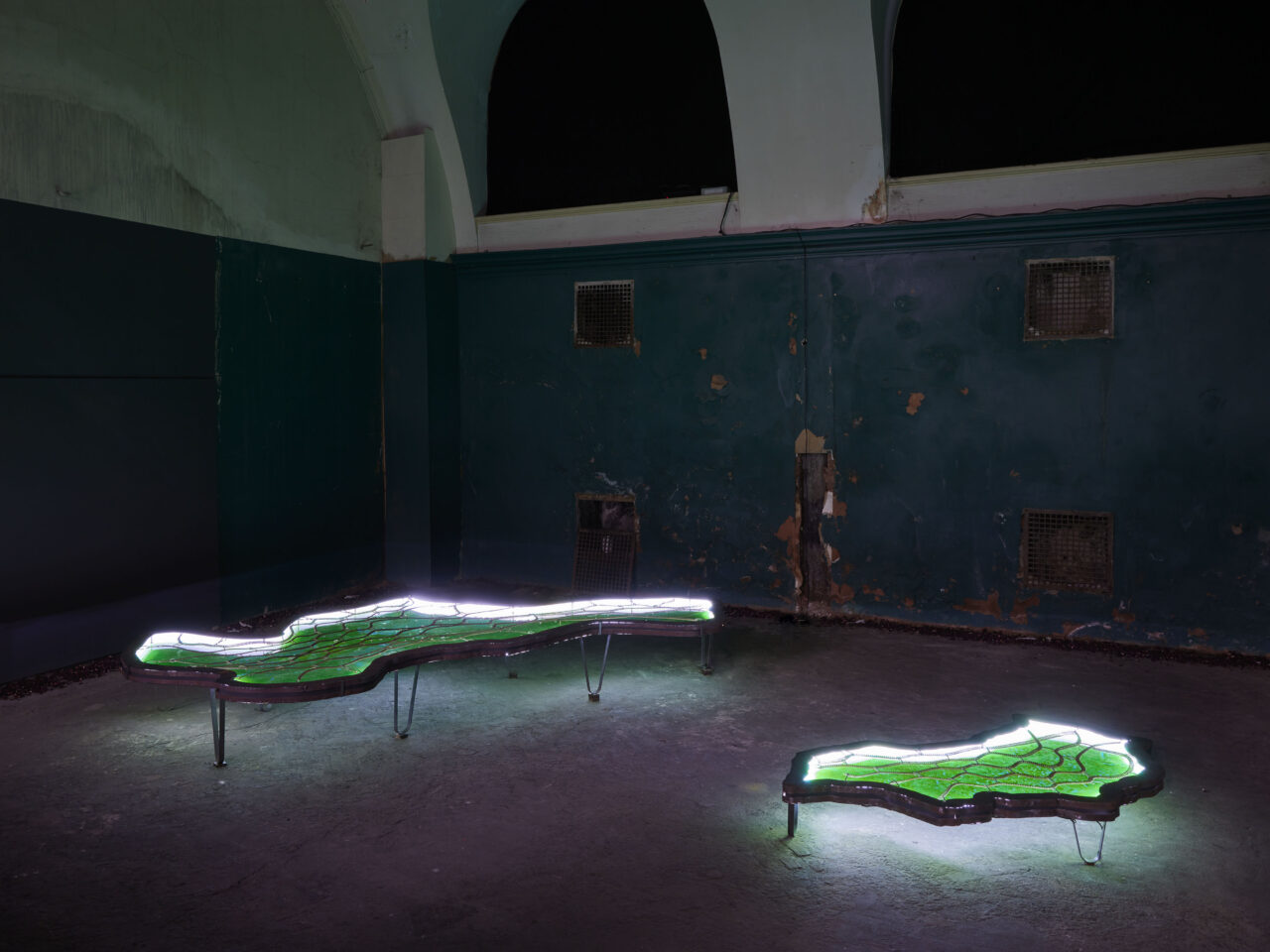 An installation of two green irregular shaped metal bed frames, filled with green liquid and lit up with LED lights. Around the perimeter of the room are dried herbs and flowers.